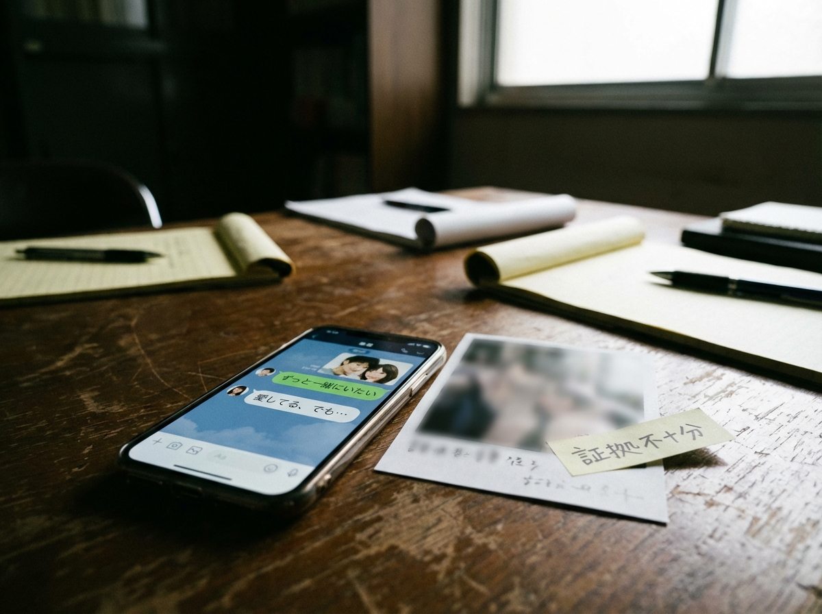 浮気の証拠となるスマートフォンのメッセージと、証拠不十分のリスクを暗示する画像