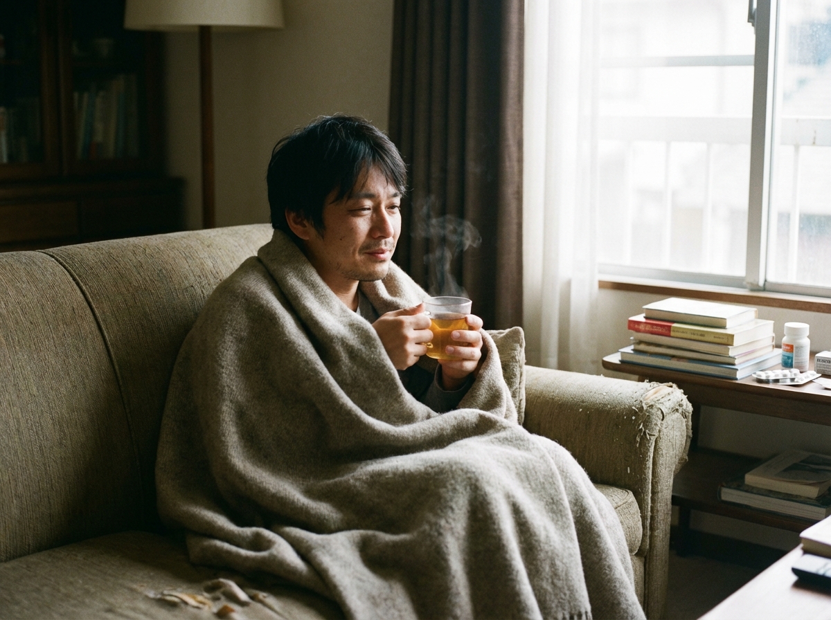 インフルエンザと診断され、自宅で安静に休養している男性。無理せず休むことの重要性を示している。