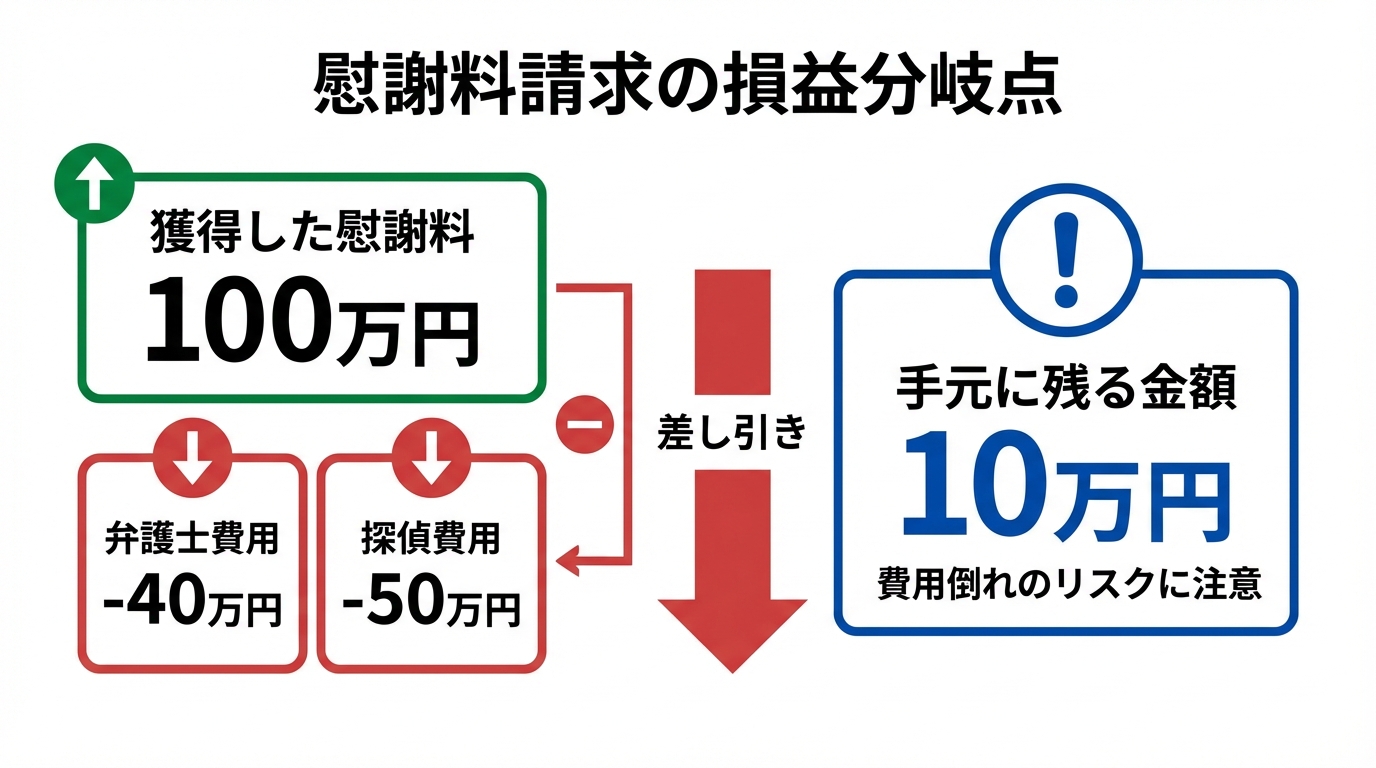 慰謝料100万円を獲得した場合の費用を差し引いた手残り額を示すインフォグラフィック