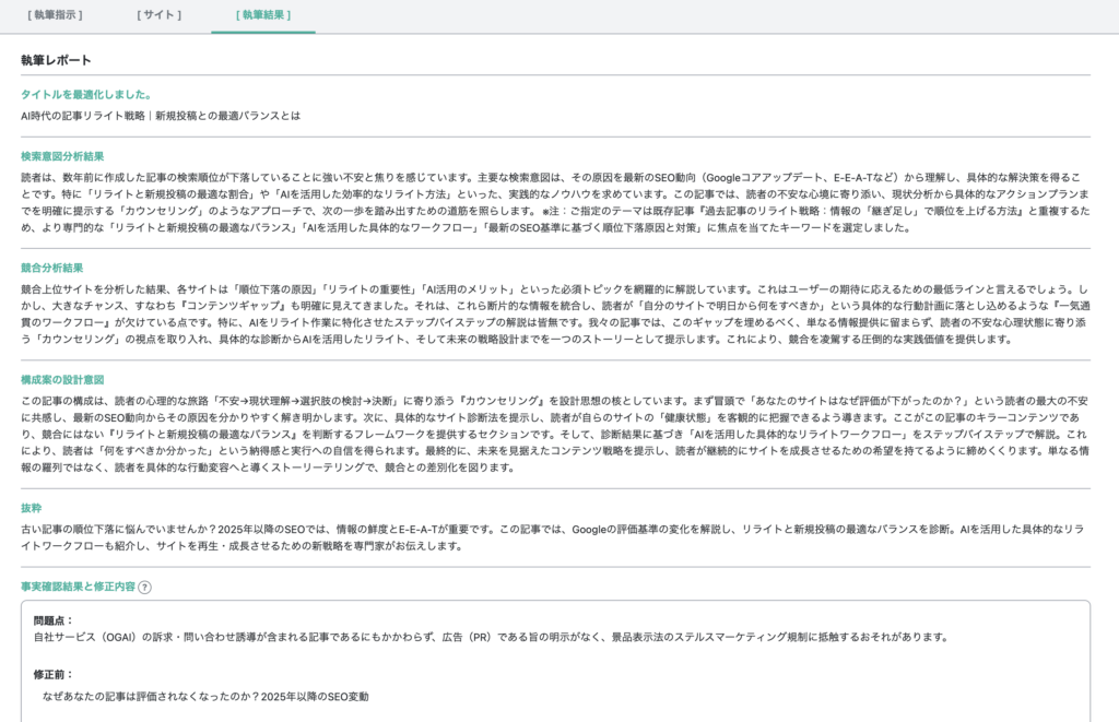 OGAIの執筆完了レポート画面。AIが行った検索意図分析・競合分析の根拠や、ファクトチェック・法的リスク(広告規制ガイドライン等)の判定結果が詳細に表示され、記事の品質と安全性を確認できるUI