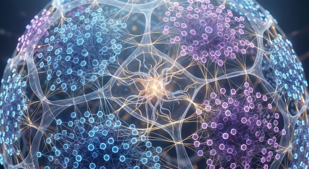 AIが意味的な繋がりで構築した「自己組織化する半透膜」のイメージ図。トピックの凝集とそれらを繋ぐ弱い紐帯が、自律的なメッシュ構造を形成している様子。