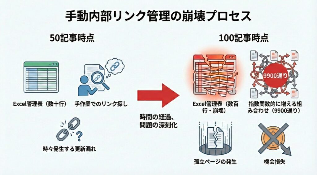 50記事から100記事にかけて手動での内部リンク管理が指数関数的に困難になり破綻するプロセスを示した図解。