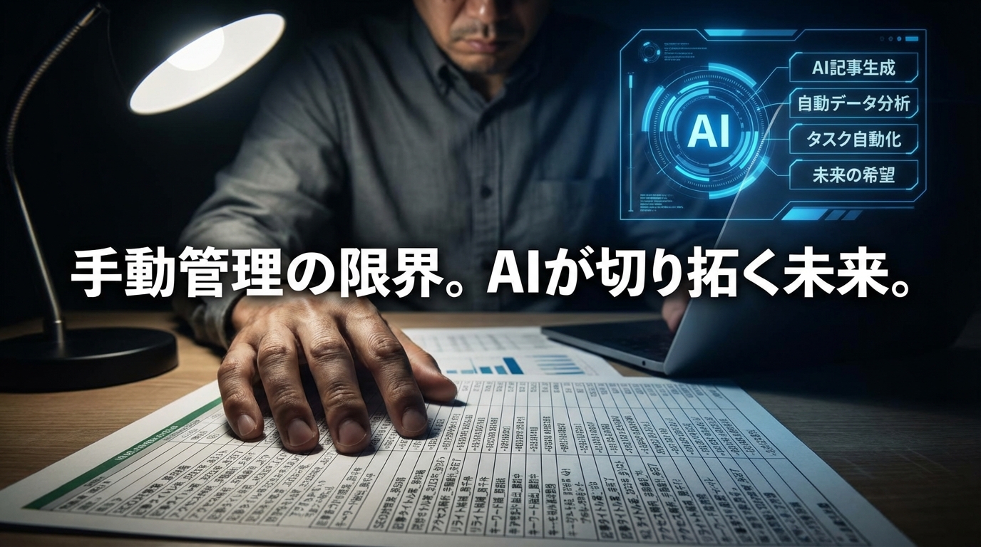 記事数が100を超えて内部リンク管理が破綻し、Excel管理表の前で頭を抱えるWeb担当者。手動SEO管理の限界と疲弊を表すイメージ。