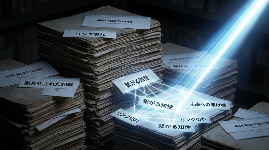 リンクが繋がっておらずGoogleにインデックスされない大量のオーファンページ（孤立記事）の山。手動管理の限界を示すイメージ。