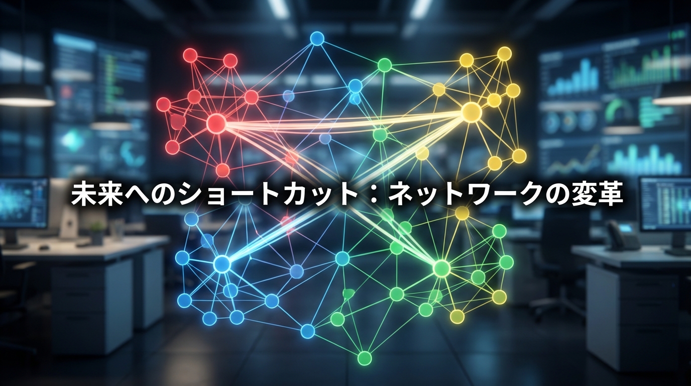 スモールワールド・ネットワーク理論の可視化。複雑なネットワーク内でショートカットが形成され、平均経路長が短縮されるグラフ構造の図解。