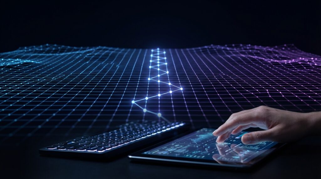 AIが言葉の意味を理解するベクトル検索と埋め込み表現の概念図。脳のシナプスのように文脈を繋ぐセマンティック・メッシュのイメージ。