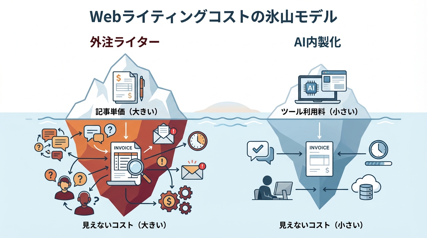 Webライティングの外注とAI内製化のコスト構造を比較した図解。外注は目に見える記事単価だけでなく、水面下にある見えないコストが大きいことを氷山で表現している。