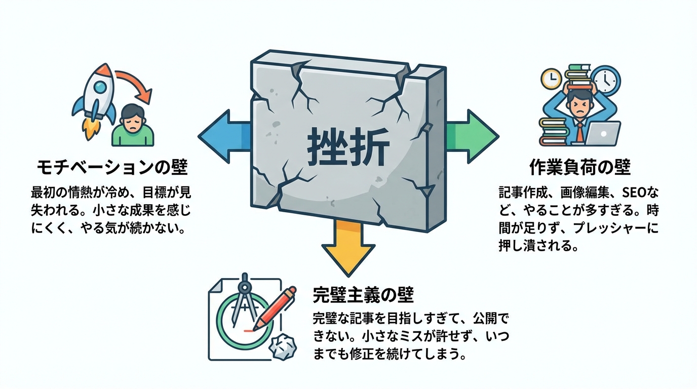 ブログが続かない3つの壁（モチベーション、作業負荷、完璧主義）を解説する図解。