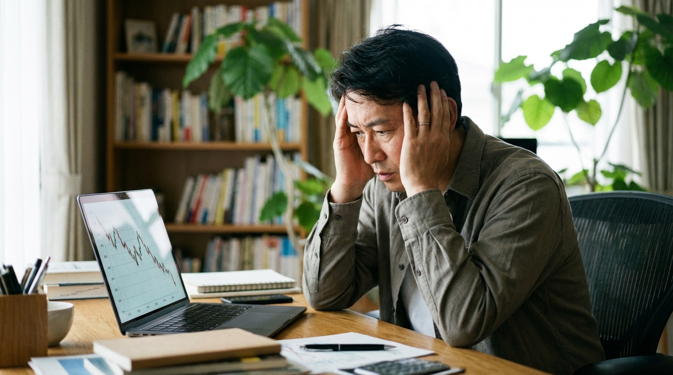 古い記事の順位が下落し、パソコンの前で頭を悩ませるウェブサイト運営者