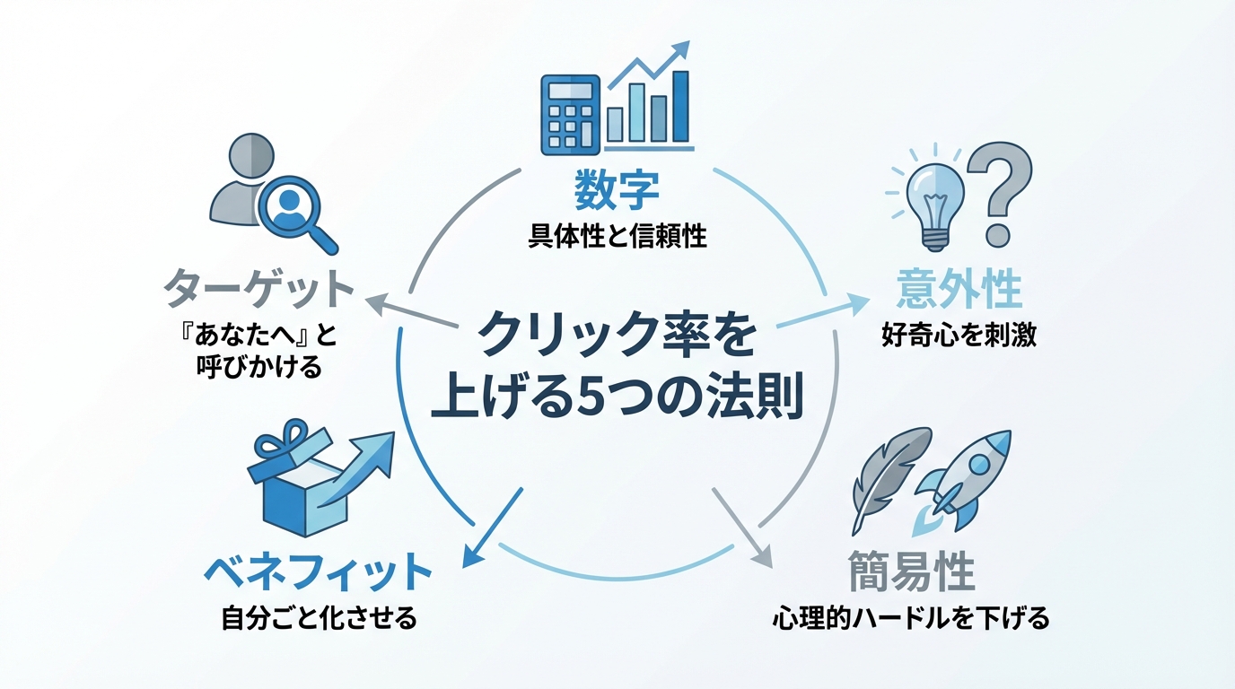 記事タイトルのクリック率を上げる5つの法則を示した図解。「数字」「意外性」「簡易性」「ベネフィット」「ターゲット」の各要素がアイコンと共に解説されている。