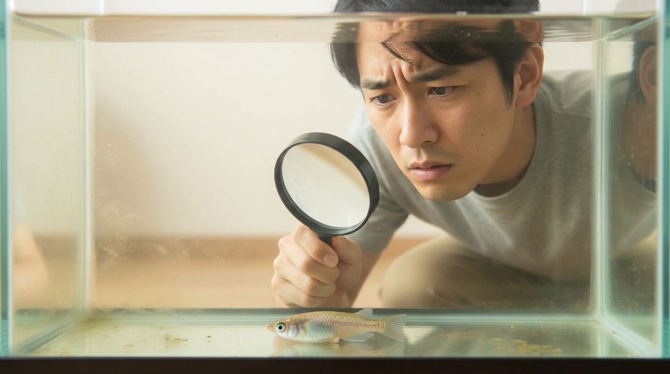 水槽の底で弱っているメダカを心配そうに観察している飼い主のイラスト。メダカ飼育のトラブルを示唆している。