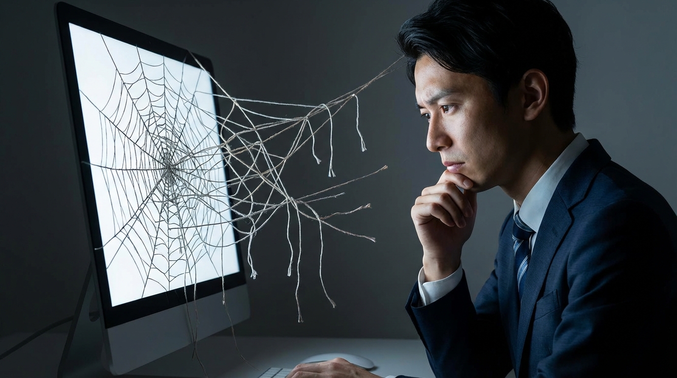 手作業での内部リンク管理の限界に悩み、複雑に絡み合ったサイト構造を前に頭を抱えるWeb担当者のイラスト。