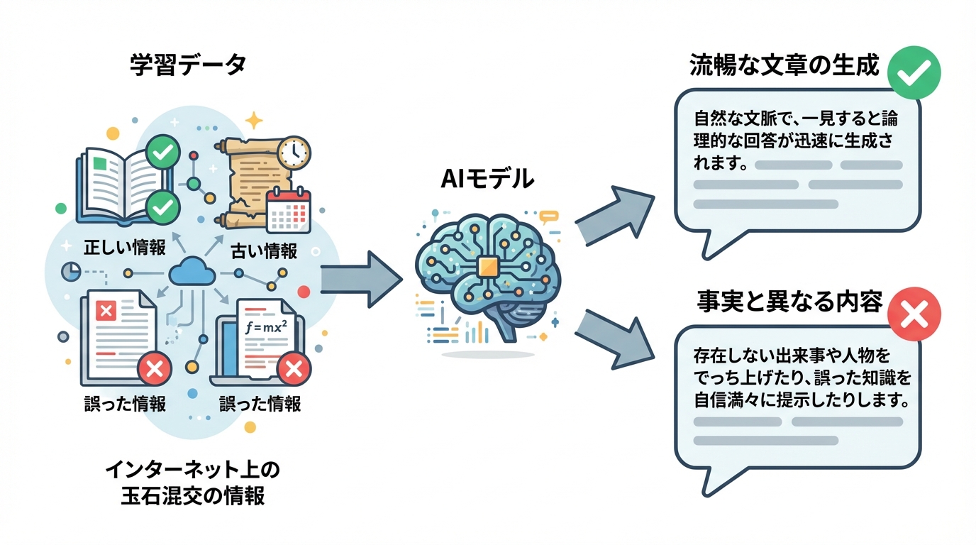 AIがハルシネーション（嘘）を生成する仕組みの図解。インターネット上の不完全なデータを学習し、文章の流暢さを優先するため、事実と異なる内容が出力される可能性があることを示している。