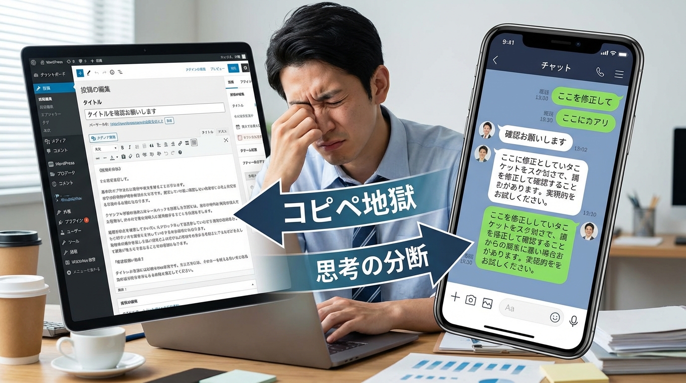 ChatGPTとWordPressの間でコピー＆ペースト作業を繰り返す非効率な様子を描いたイラスト