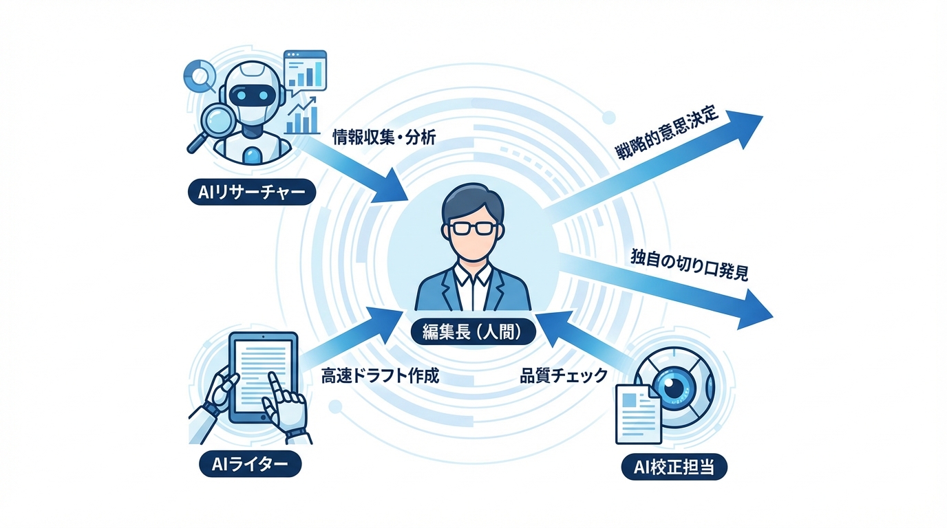 AIを仮想的な部下として活用する新しいオウンドメディアの組織図。編集長(人間)を中心に、AIリサーチャー、AIライター、AI校正担当がそれぞれの役割を担う様子が描かれている。