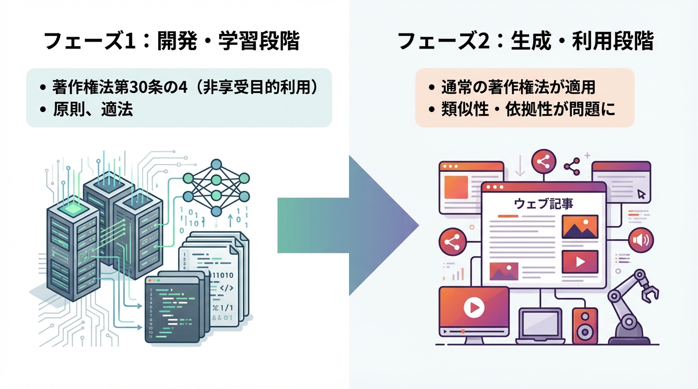 AIと著作権法における2つのフェーズを比較した図解。開発・学習段階では著作権法第30条の4が適用され原則適法である一方、生成・利用段階では通常の著作権法が適用されることを示している。