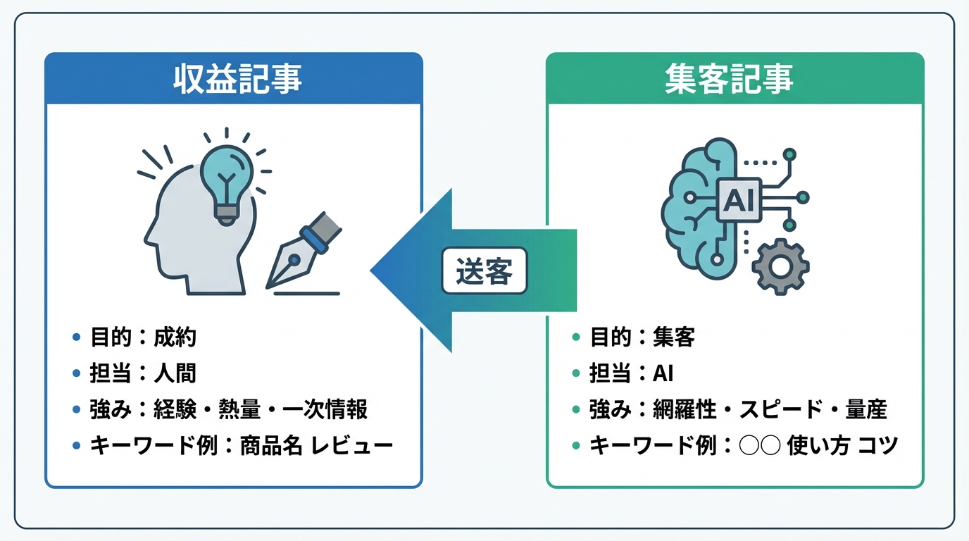 AIアフィリエイト戦略における収益記事と集客記事の役割分担を示した図解。人間が担当する収益記事は成約を目的とし、AIが担当する集客記事はサイトへの入り口を増やす役割を担う。