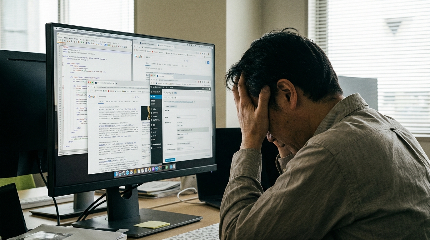 複数のツール画面を前に悩むWordPress運用担当者。AIとWordPressの分断による非効率性を象徴している。