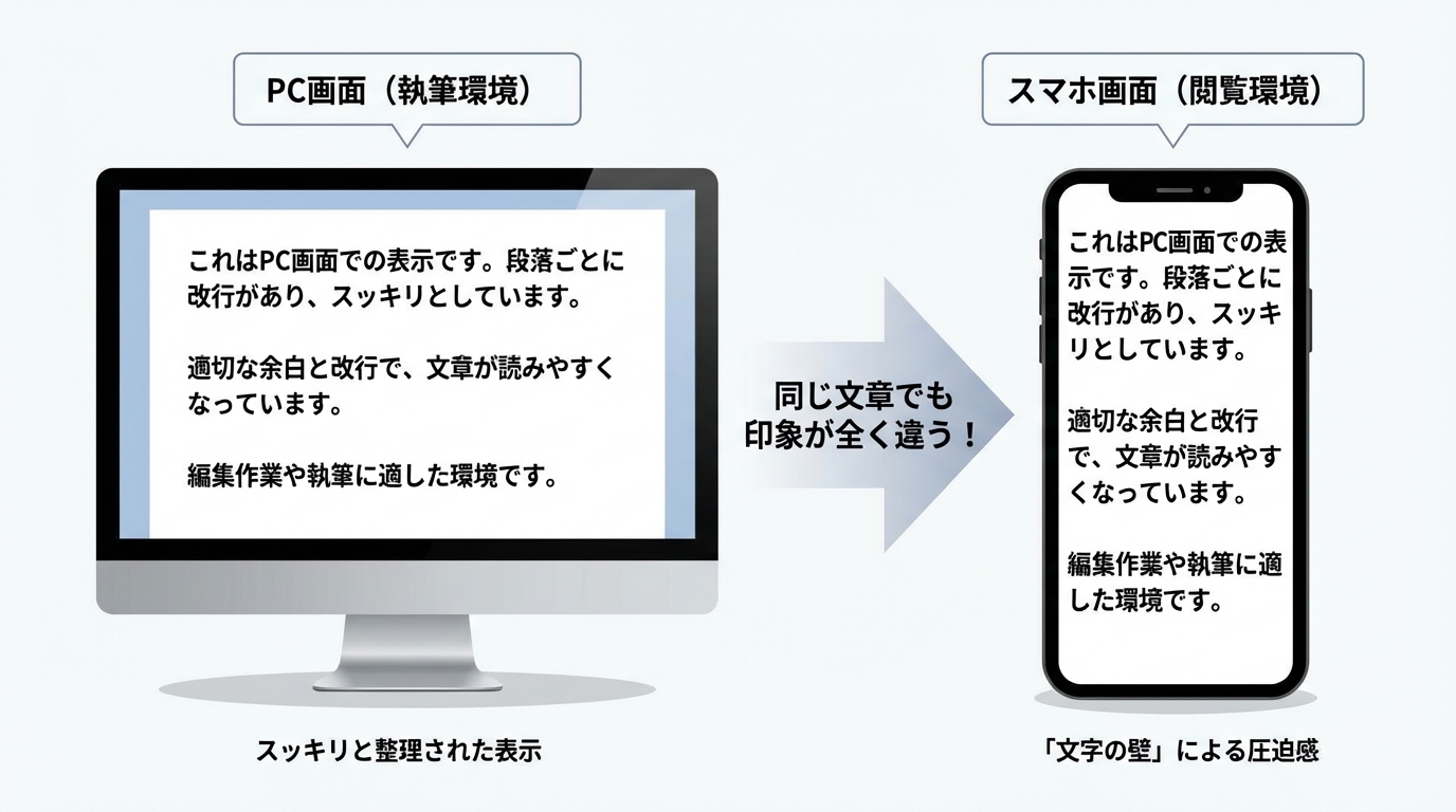 PCとスマホでの文章の見え方の違いを比較した図解。PCでは見やすい文章が、スマホでは文字の壁のように見えることを示している。