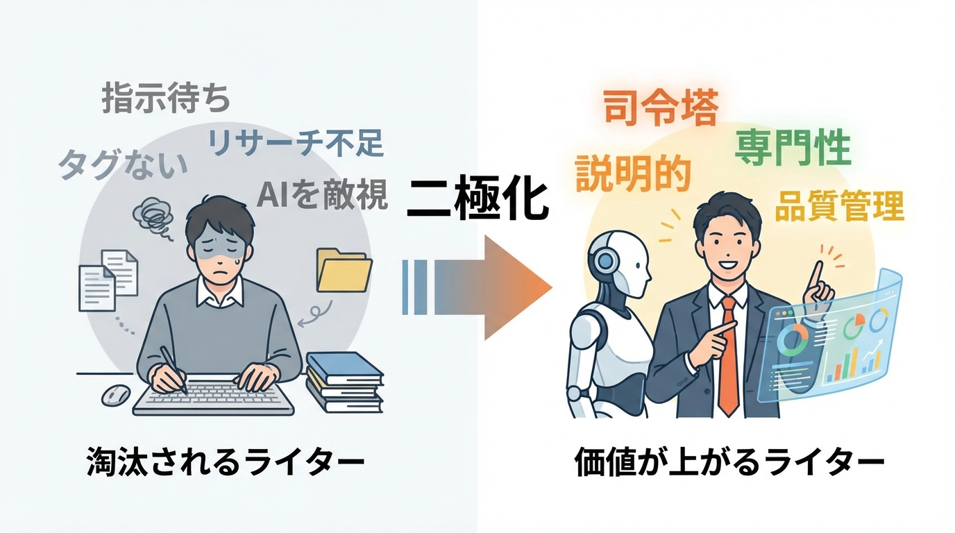 AI時代に淘汰されるライターと価値が上がるライターの違いを比較する図解。淘汰される側は指示待ちでAIを敵視し、価値が上がる側はAIを司令塔として使いこなし専門性を発揮する。