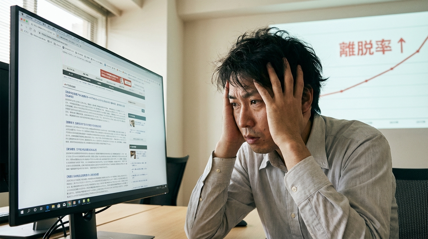 文字ばかりの記事を見て頭を抱えるサイト運営者。テキストの壁が離脱率を高めることを示唆している。