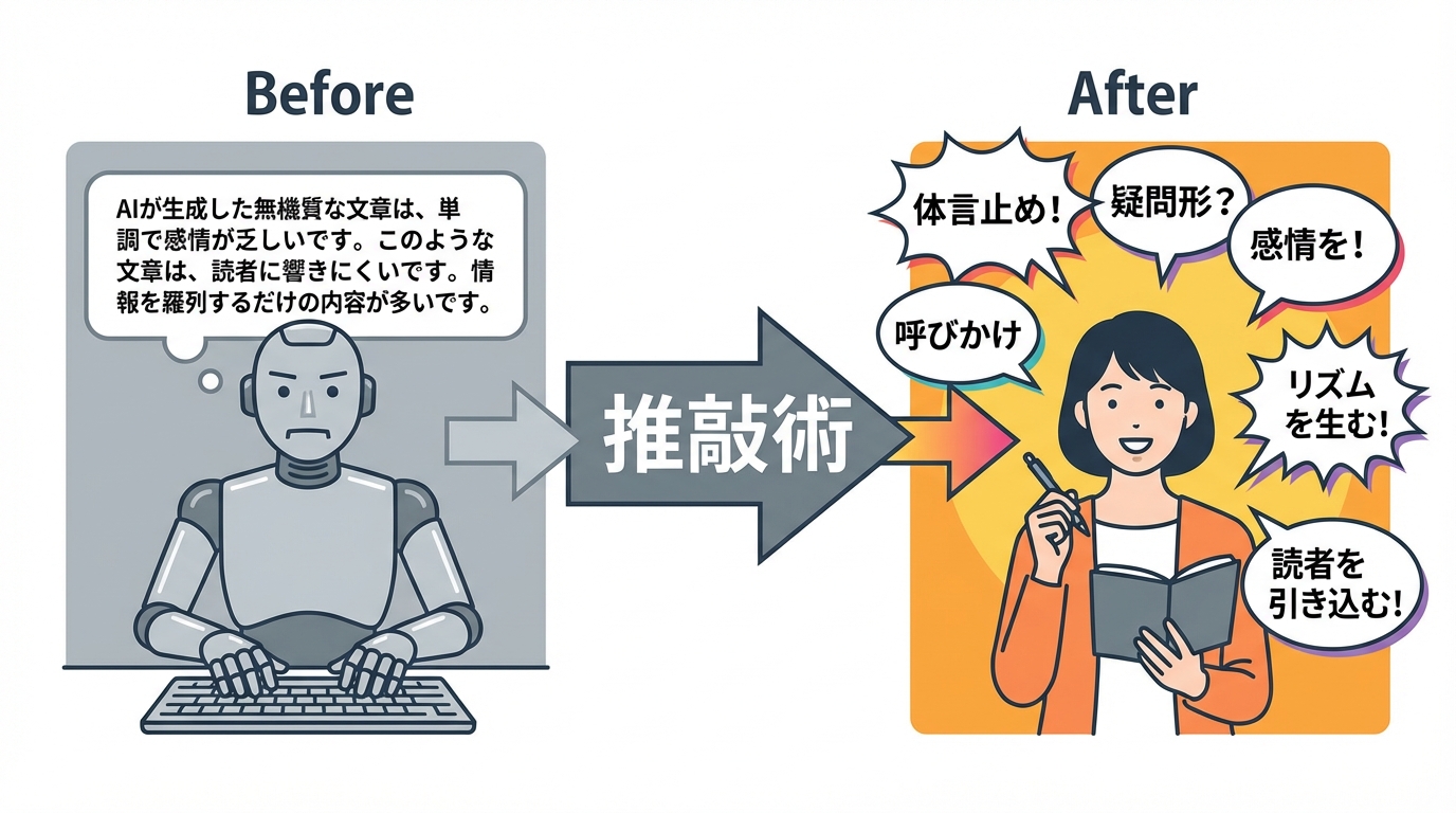 AI文章のBefore/After。ロボットが書いた単調な文章が、人間の推敲によって表現豊かな文章に変わる様子を示した図解。