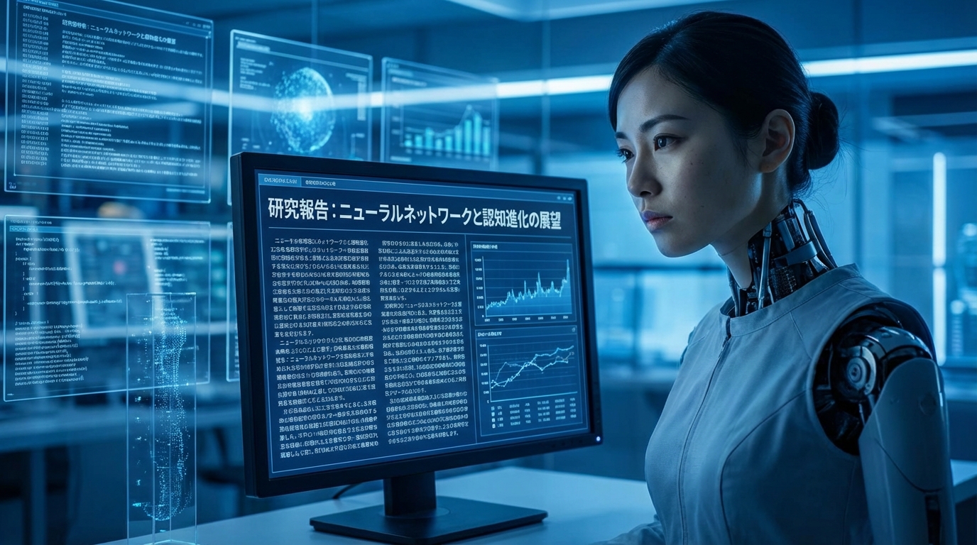 AIがAIライティングツールの品質を評価している様子を象徴する画像。アンドロイドがモニターを真剣に見つめている。