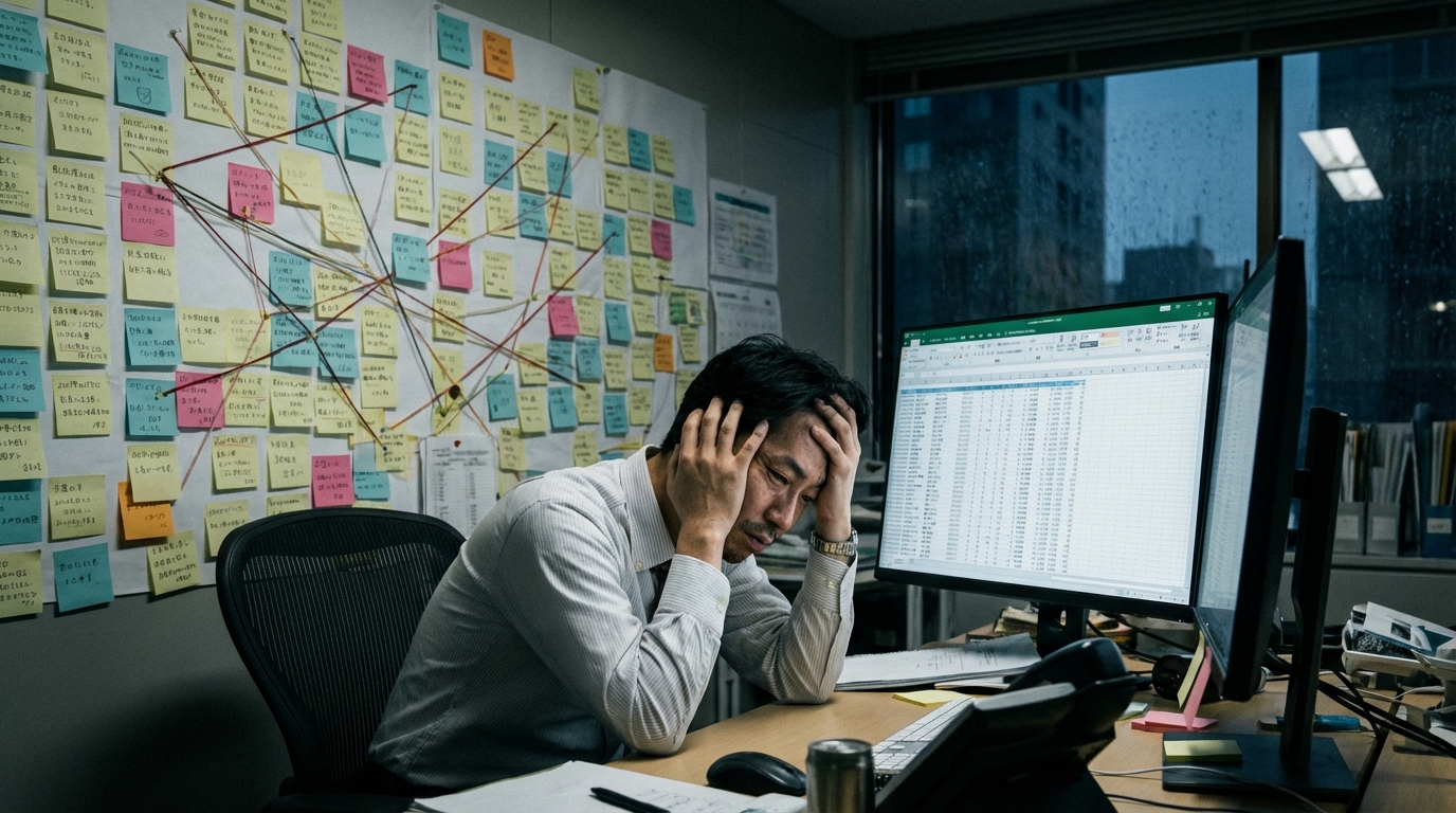 大量の記事が複雑に絡み合う内部リンク構造の図を前に、頭を抱えるWeb担当者。