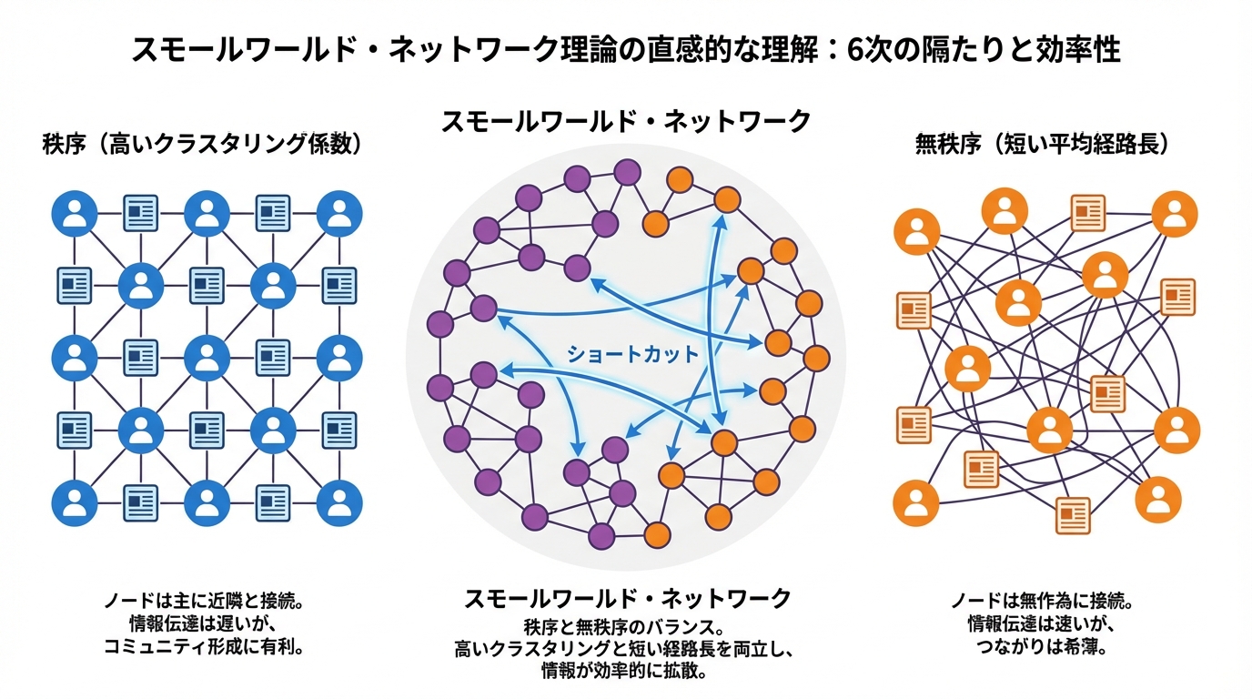 スモールワールド・ネットワーク理論の概念図。秩序だったネットワークと無秩序なネットワークの特徴を併せ持つ構造が示されている。