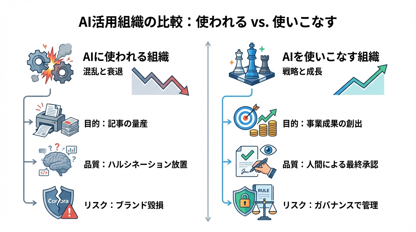 AIに使われる組織とAIを使いこなす組織の比較図。使われる組織は目的なく量産し品質が低下する一方、使いこなす組織は人間が戦略を立てAIが実行することで事業成果に繋げている。
