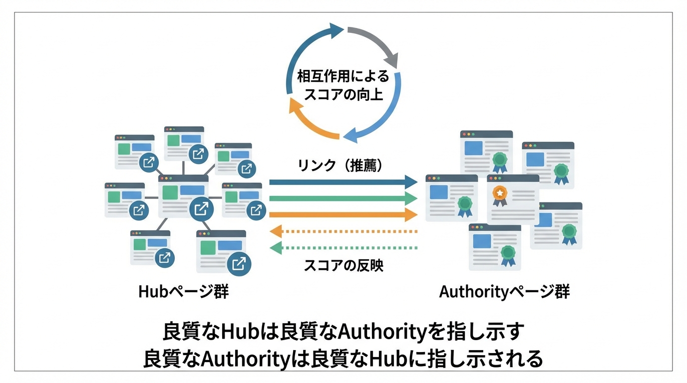 HITSアルゴリズムにおけるHubとAuthorityの相互作用を示した図解。良質なHubからのリンクがAuthorityスコアを高め、良質なAuthorityへのリンクがHubスコアを高める循環関係を表している。