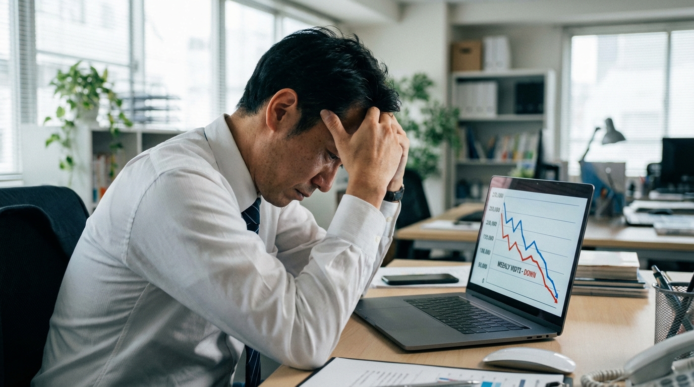 ウェブサイトのアクセス数が下がり、頭を抱えているコンテンツ担当者。網羅性の低いコンテンツが招く末路を象徴している。