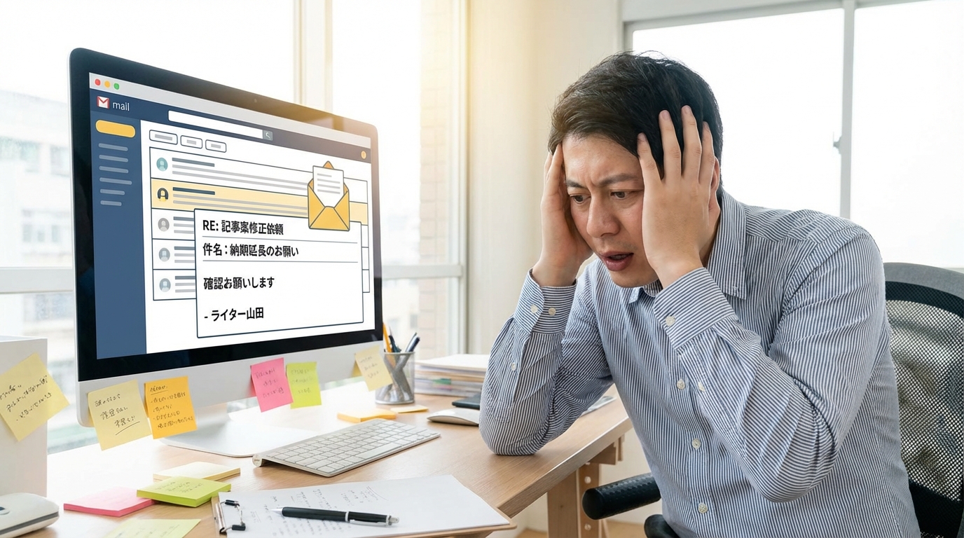 外部ライターとの複雑なやり取りに頭を悩ませ、コミュニケーションコストの重圧を感じているマーケティング担当者。