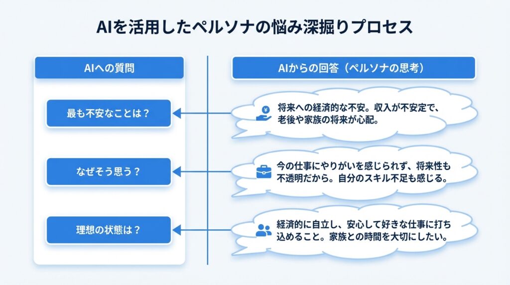 AIを活用したペルソナ分析プロセスの図解。読者の悩みや不安を深掘りする論理フローチャート。日本語の文字入れも正確に行われ、複雑な概念を可視化できるOGAIの画像生成能力(Gemini 3 Proモデル等)の実例