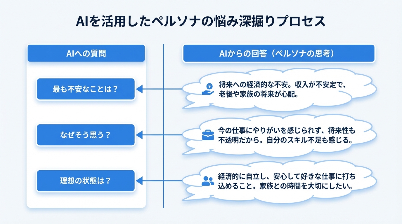 AIとの対話を通じてペルソナの悩みを深掘りするプロセスの図解