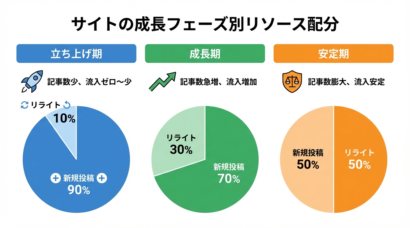 サイトの成長フェーズ（立ち上げ期・成長期・安定期）ごとに、リライトと新規投稿に割くべきリソースの割合を示した図解。
