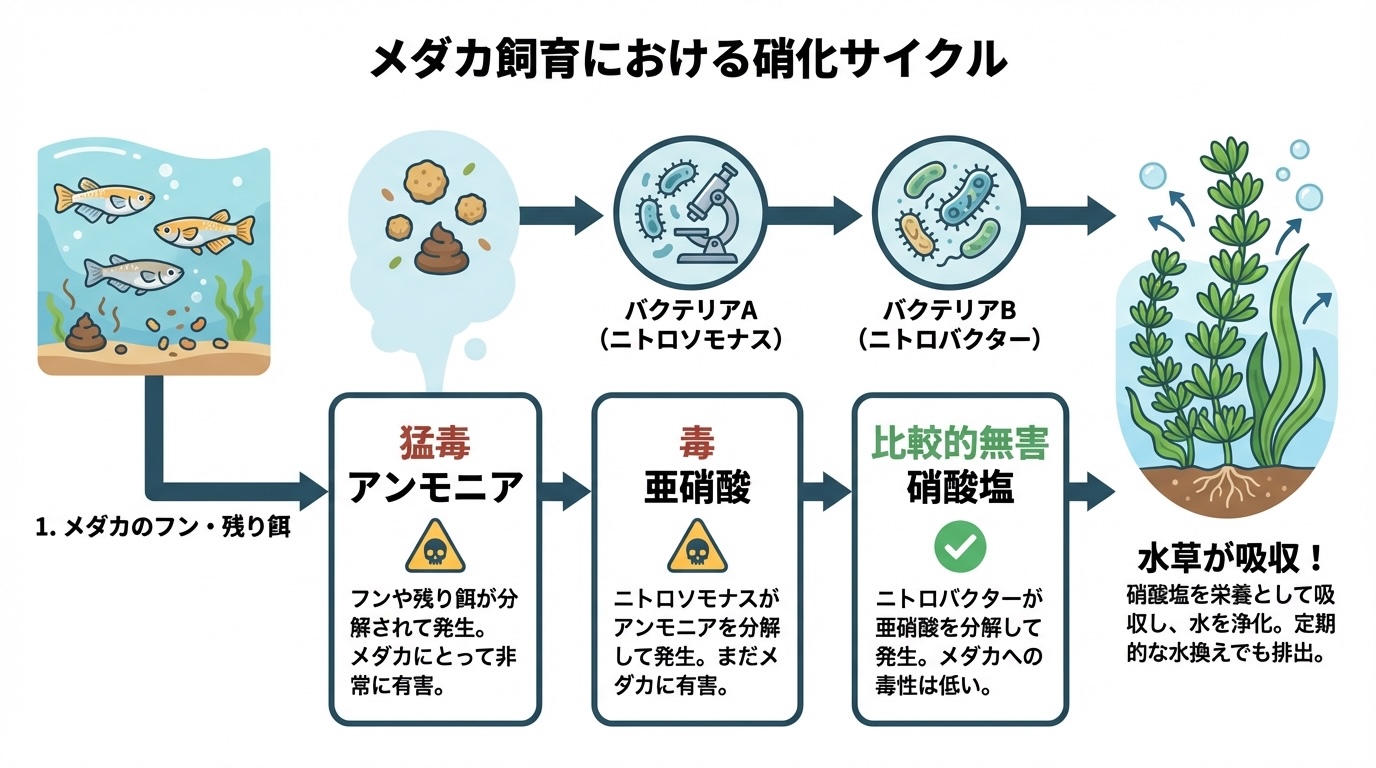 メダカ飼育における水の浄化システム「硝化サイクル」を図解したインフォグラフィック。アンモニアから亜硝酸、硝酸塩へと分解される流れを示している。