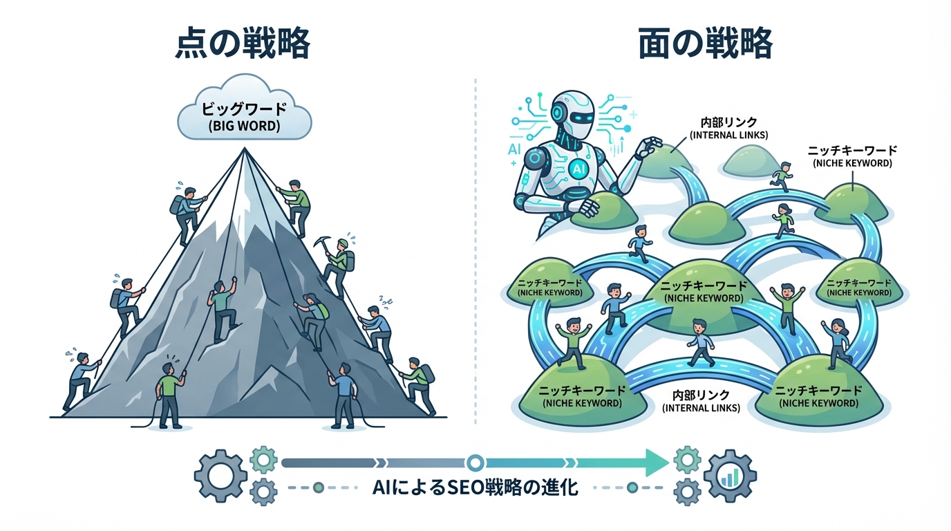 従来の「点」で戦うSEOと、AIを活用して関連キーワード群を網羅する「面」のSEO戦略の違いを示すインフォグラフィック。
