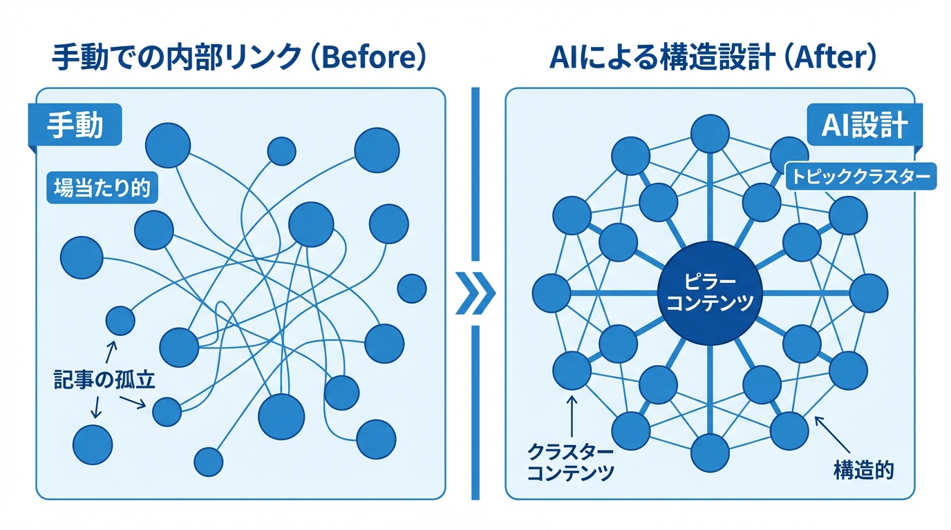 手動での場当たり的な内部リンクと、AIによるトピッククラスターに基づいた構造的な内部リンク設計の違いを比較した図解。