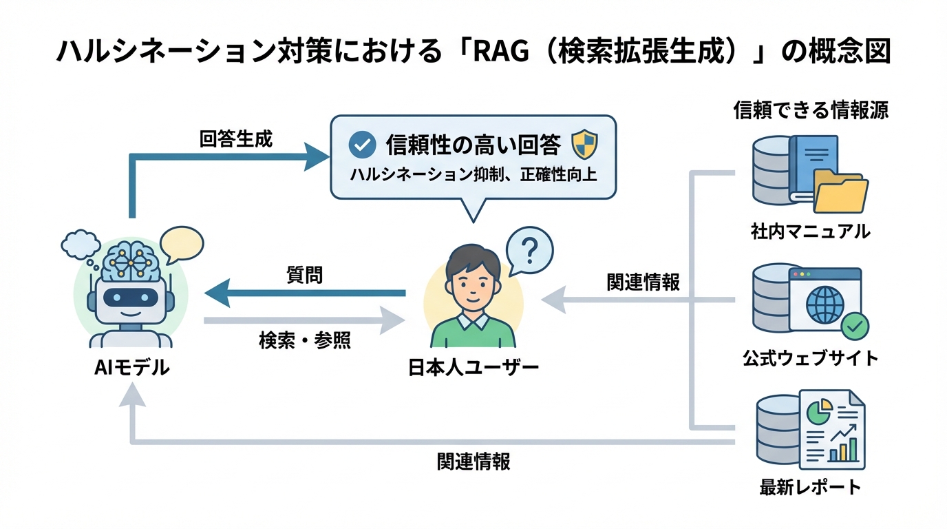 RAG（検索拡張生成）の仕組みを表す図解。AIが回答を生成する際に、指定された信頼できる情報源のみを参照することで、ハルシネーションを抑制する技術を示している。