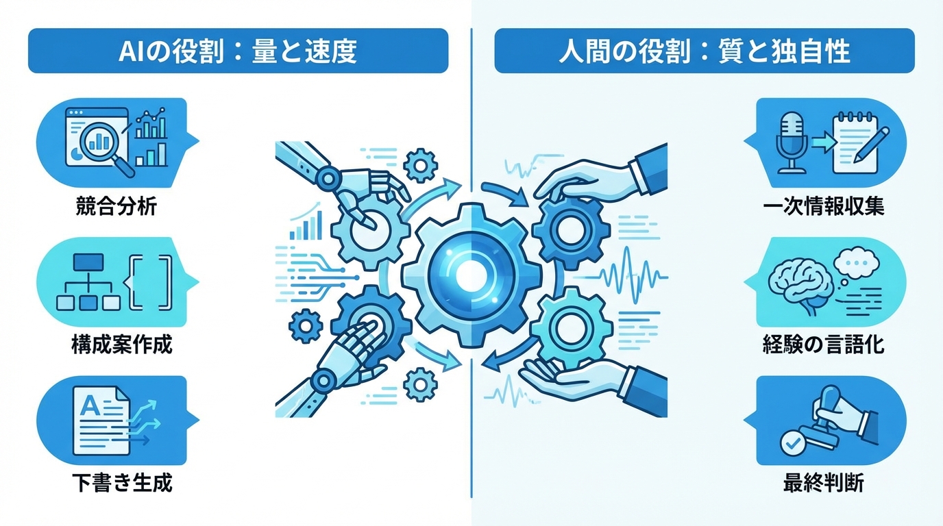 AIと人間のハイブリッド戦略における役割分担を示した図解。AIは量と速度を、人間は質と独自性を担当する。
