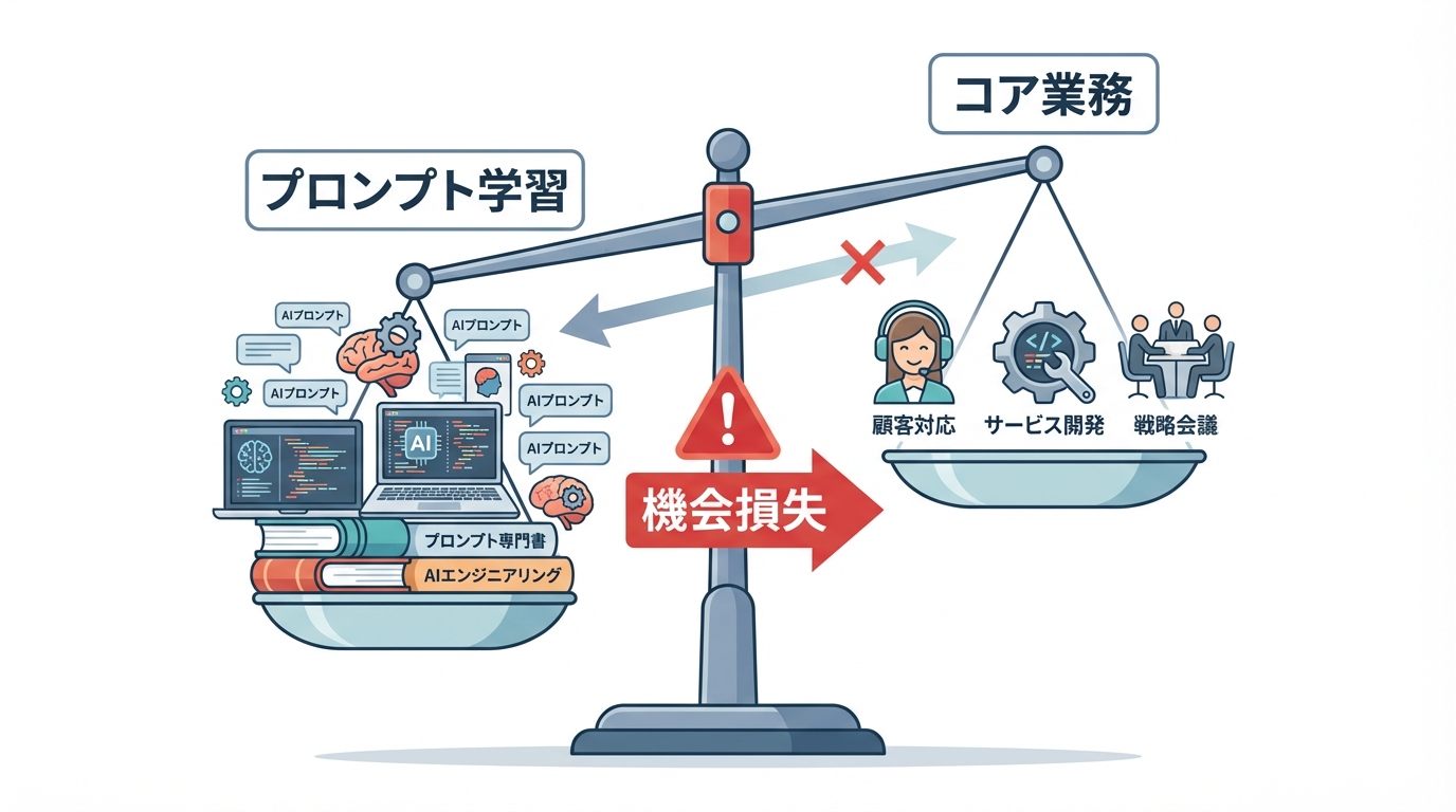 プロンプト学習に時間を取られ、コア業務が疎かになる機会損失を示す図解