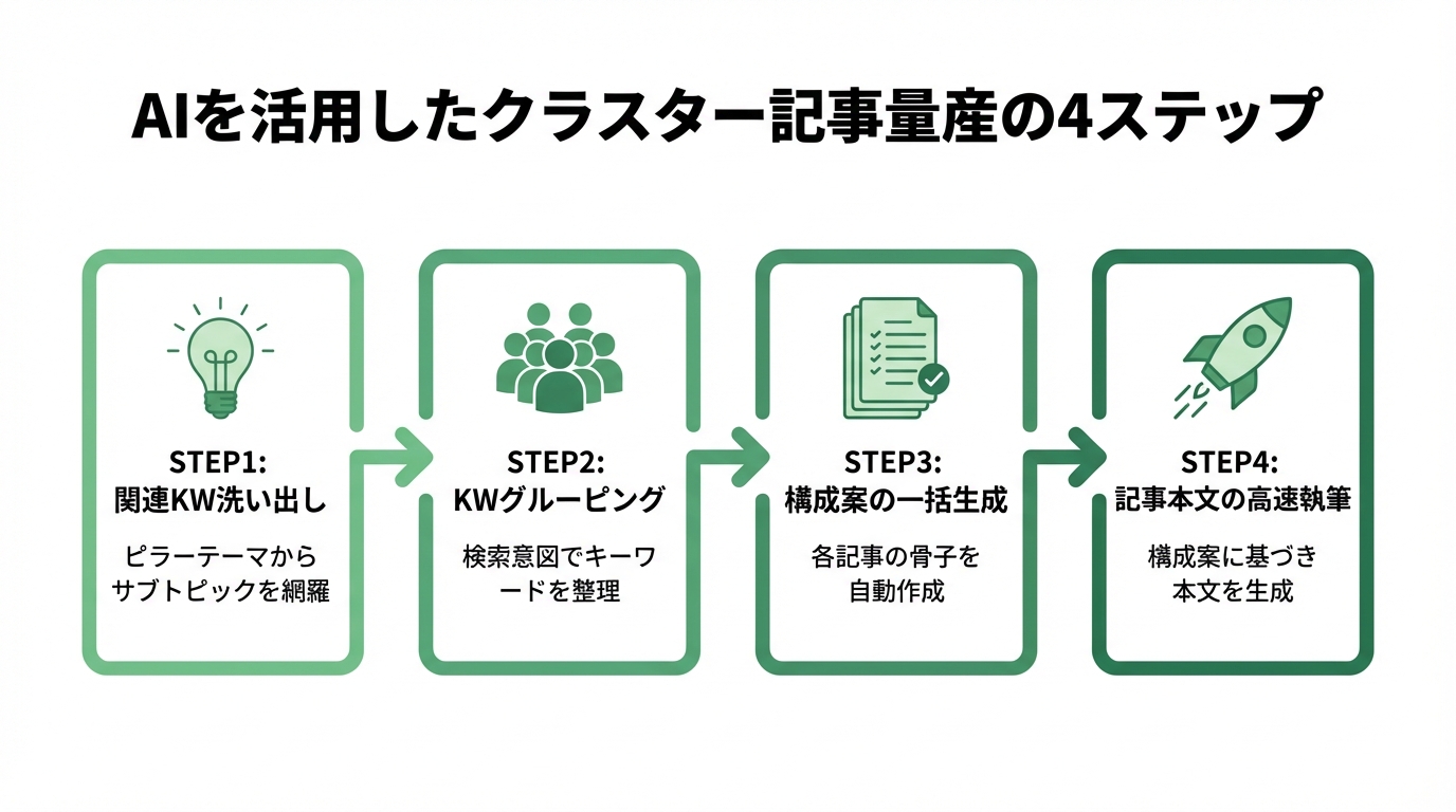 AIを活用したクラスター記事量産の4ステップ。ステップ1は関連キーワード洗い出し、ステップ2はグルーピング、ステップ3は構成案生成、ステップ4は記事本文執筆という流れを示した図。
