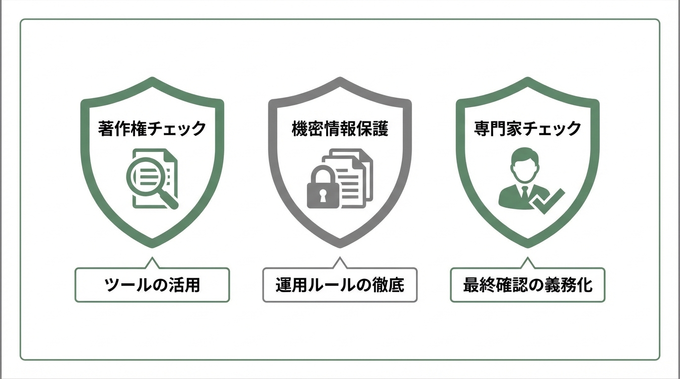 AI記事のリスクを回避する3つの鉄則を示した図解。著作権チェック、機密情報保護、専門家による最終チェックの重要性をアイコンで表現している。