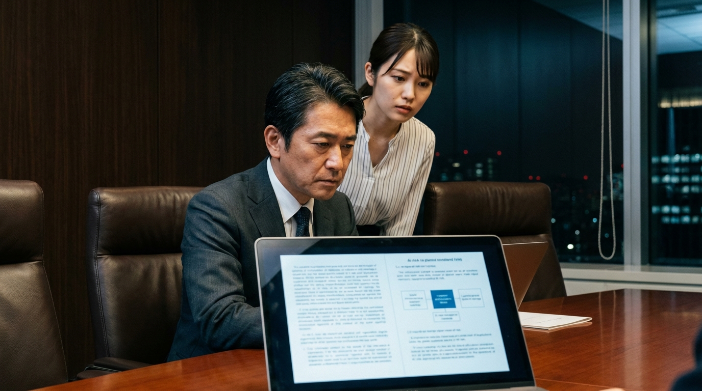 AI記事の法的リスクについて、企業の法務担当者とマーケティング担当者が真剣な表情でPC画面を確認している様子。
