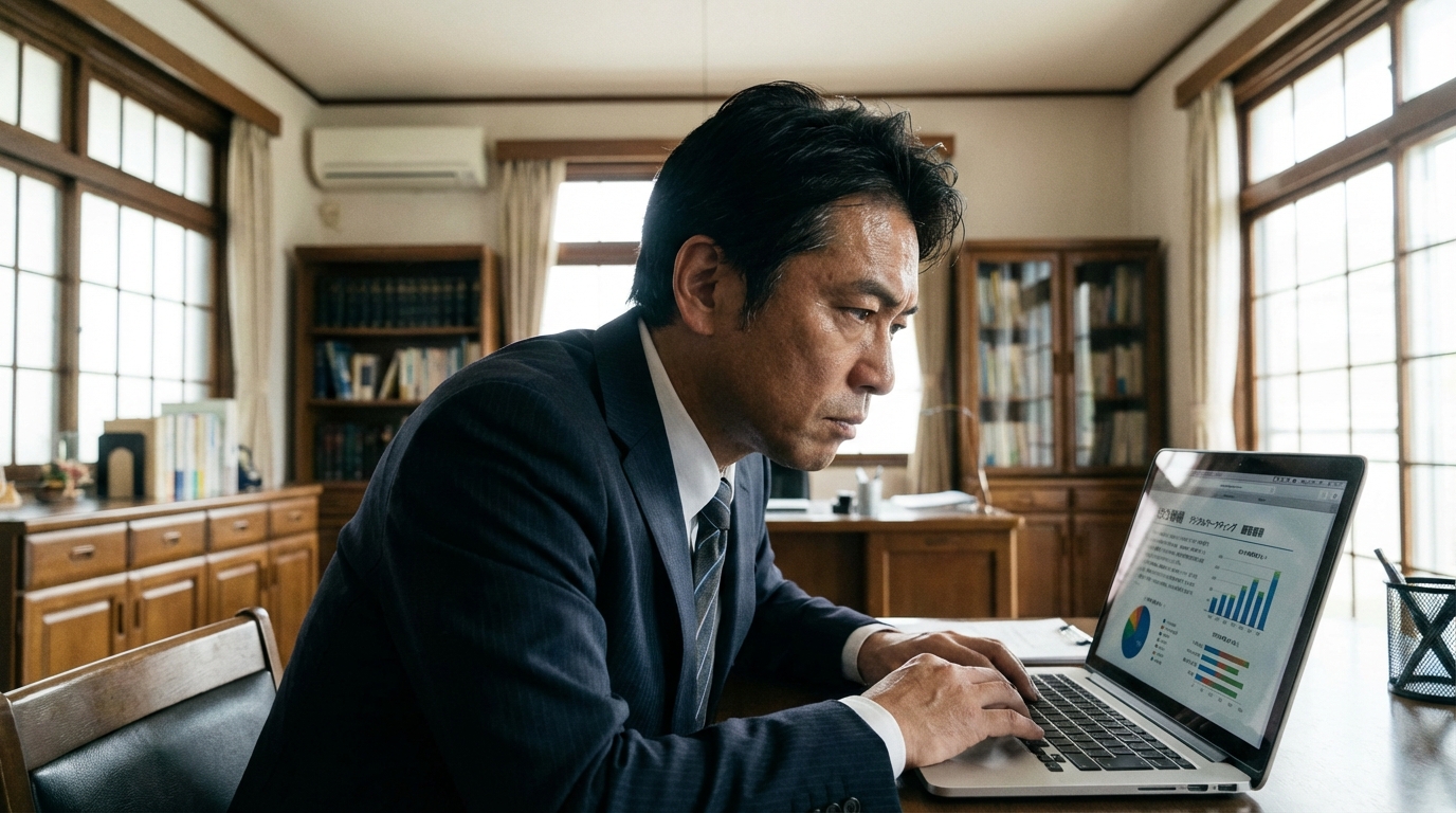 WordPressでの情報発信に真摯に取り組む士業の男性。PCが苦手でも使えるツールへのニーズを表現。