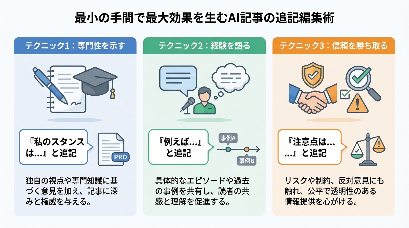 AI記事のE-E-A-Tを高める3つの追記テクニック。「私のスタンスは」「例えば」「注意点は」というキーワードを紹介。