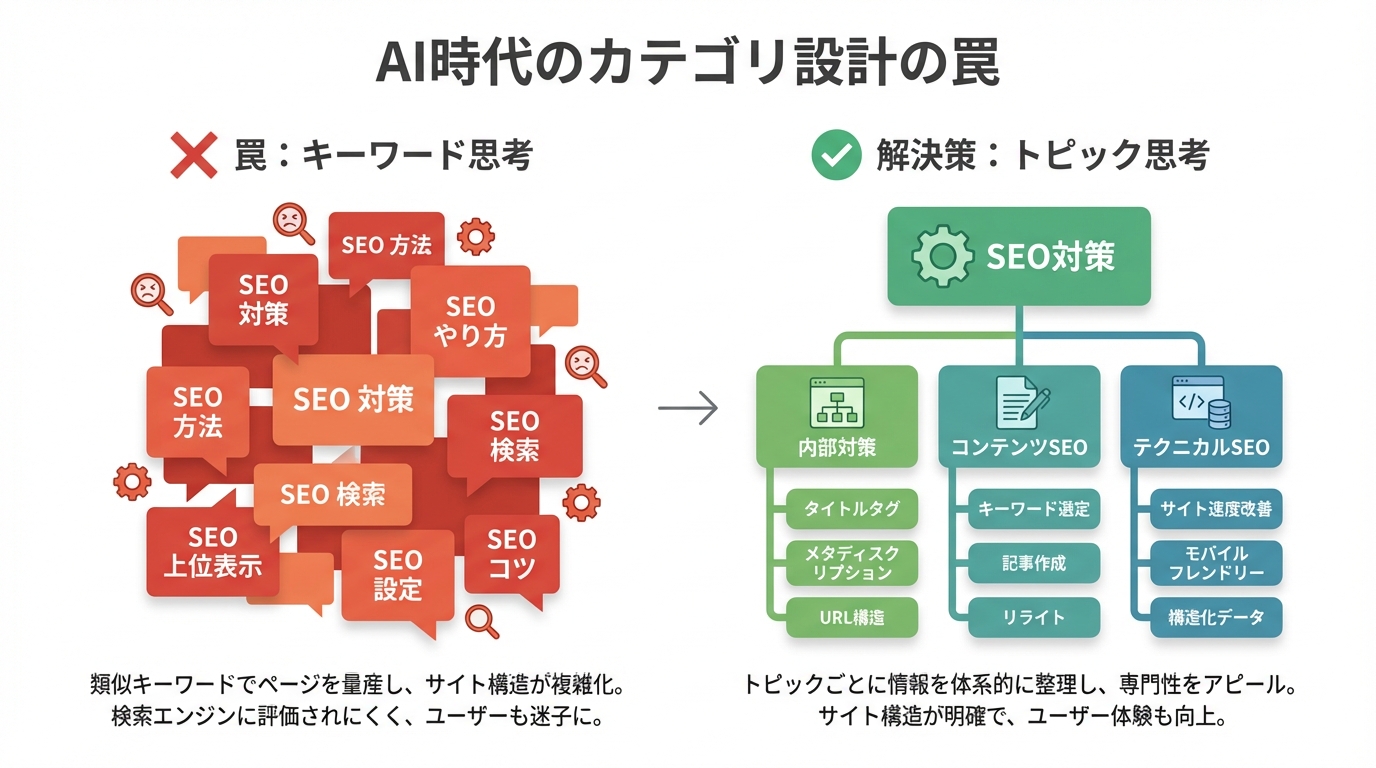 キーワード思考のカテゴリ設計の失敗例と、トピック思考に基づいた成功例を比較する図解。