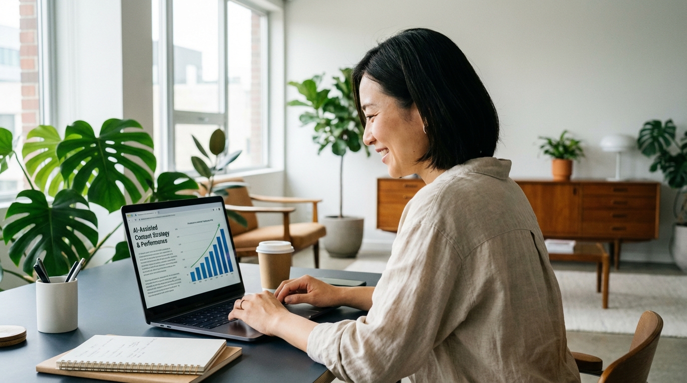 AIツールを使って記事作成を効率化し、満足げな表情を浮かべるコンテンツマーケティング担当者。