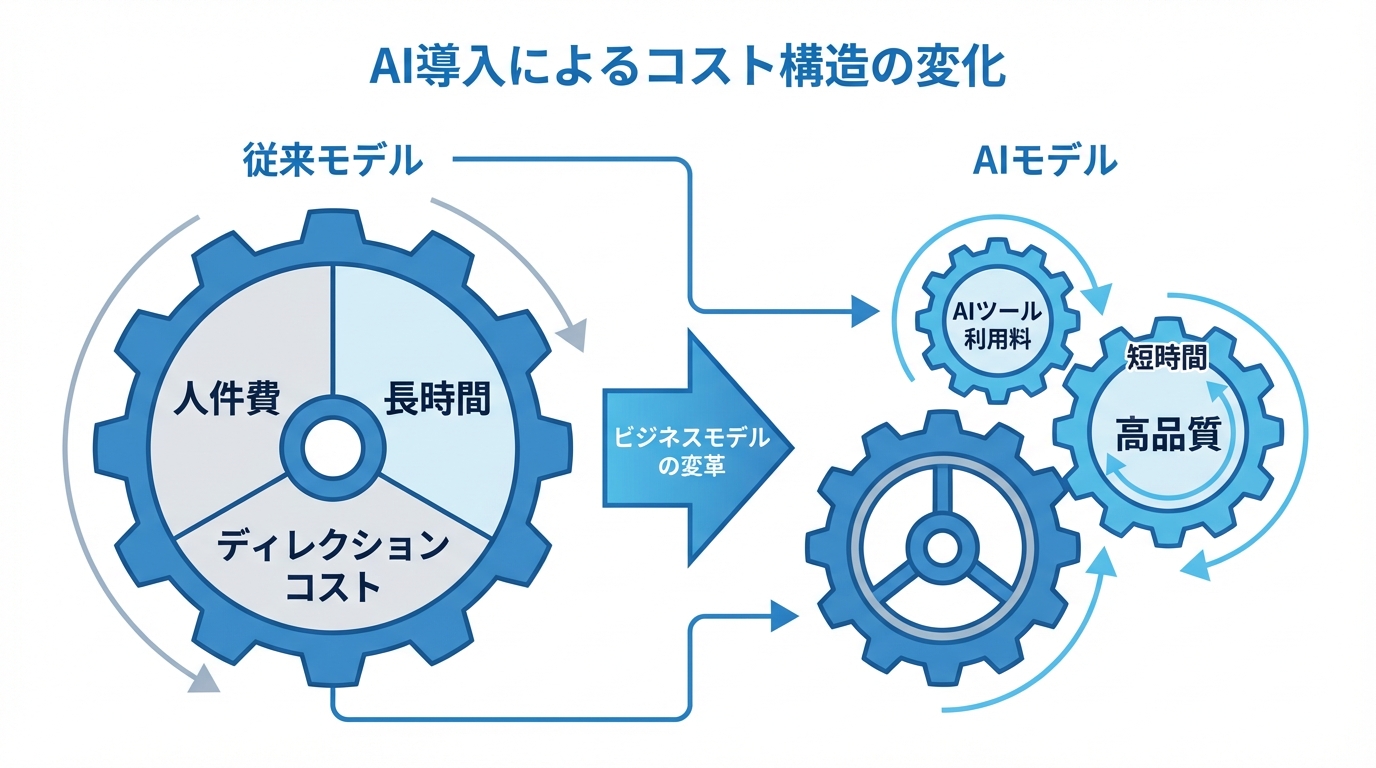 AI導入によってサイト更新代行のコスト構造が劇的に変化し、人件費が削減され利益が生まれる仕組みを示した図解
